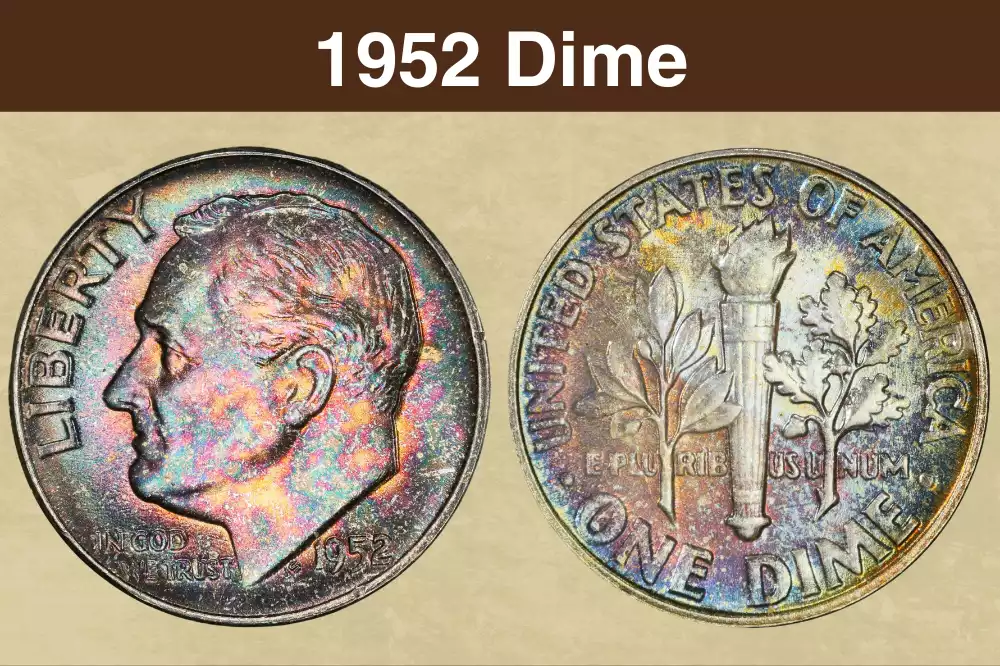 1952 Roosevelt dime obverse and reverse showing silver luster and torch design