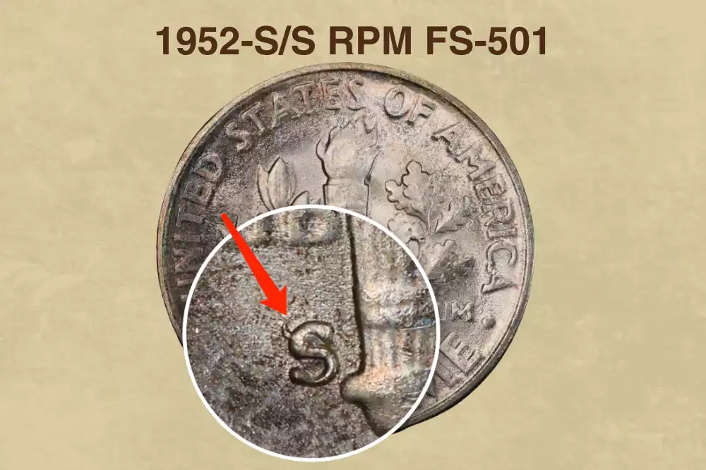 1952-S/S RPM FS-501 repunched mintmark close-up showing ghost secondary S impression on 1952 Roosevelt dime