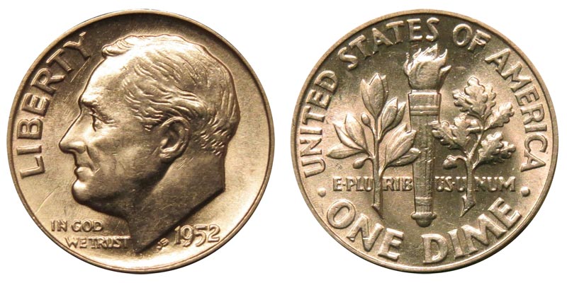 1952 Roosevelt dime doubled die obverse showing doubling on LIBERTY and date under magnification