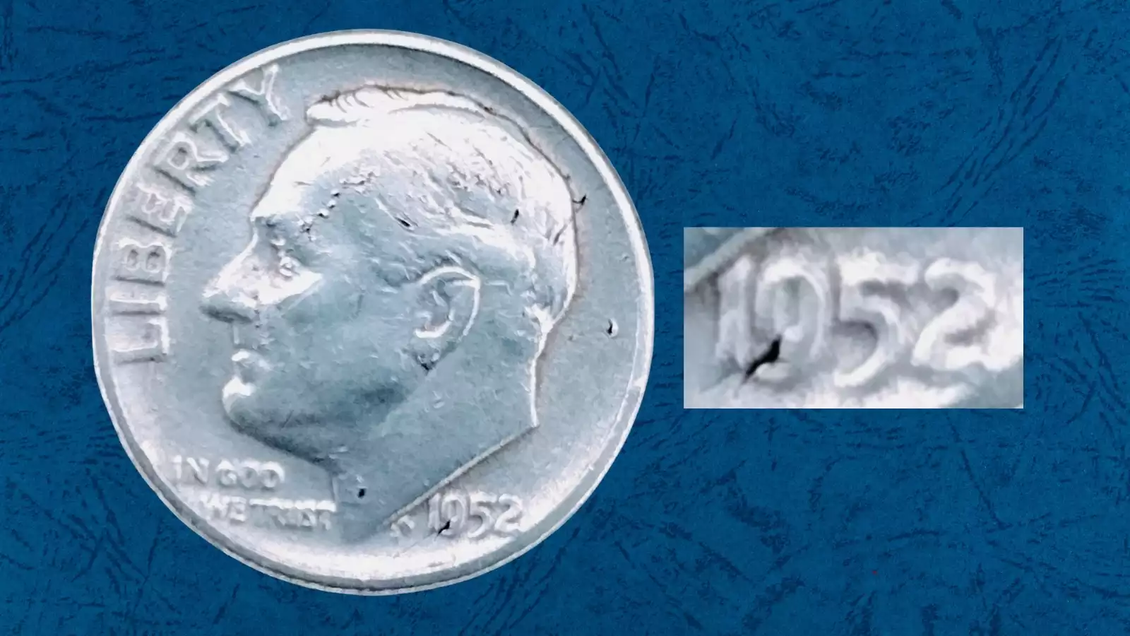 1952 Roosevelt dime die cud error showing raised metal blob at rim from broken die