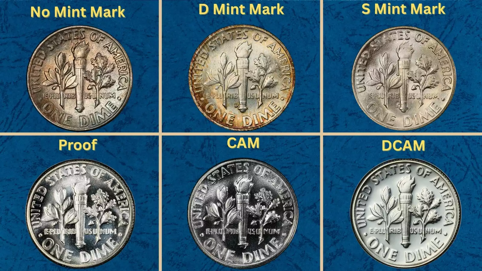 1952 Roosevelt dimes grouped showing various mintage origins from Philadelphia, Denver, and San Francisco mints