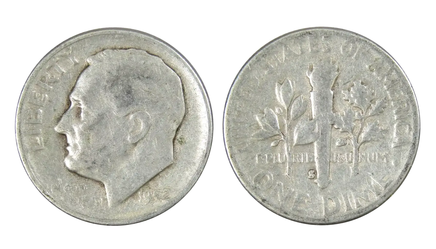 1952 Roosevelt dime grading strip showing four condition tiers from worn to gem uncirculated